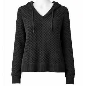 GAP Black Open Knit V‑Neck Hooded Sweater